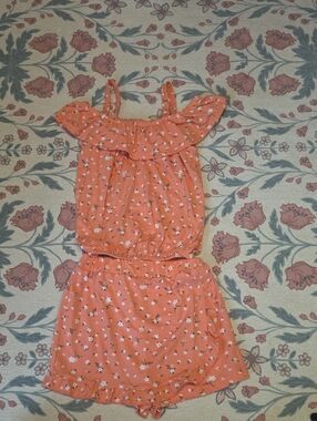 Girls' Orange Floral Ruffle Romper - Cute Summer Matching Set